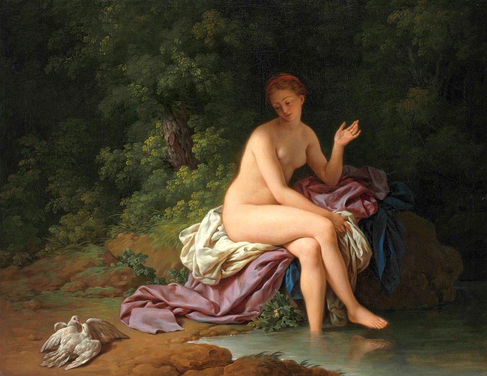 A lady bathing by a river, with two turtledoves (louis jean francois lagrenee)