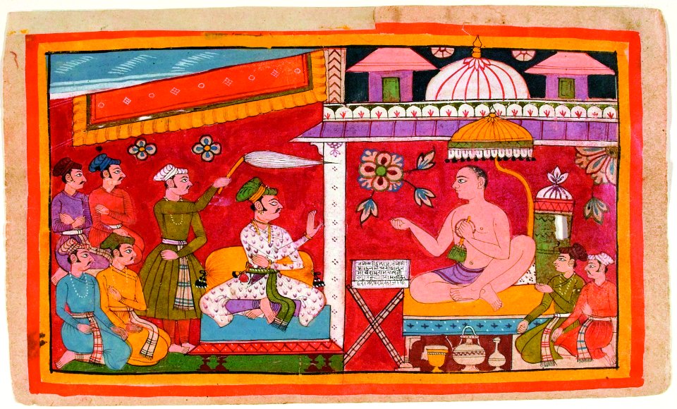 A Jain teacher receives a prince and his retinue (recto); map of the world (vers (6125094518)