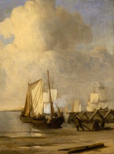 A Kaag Coming Ashore Near a Groyne with Ships and Vessels Under Sail Beyond RMG BHC0896
