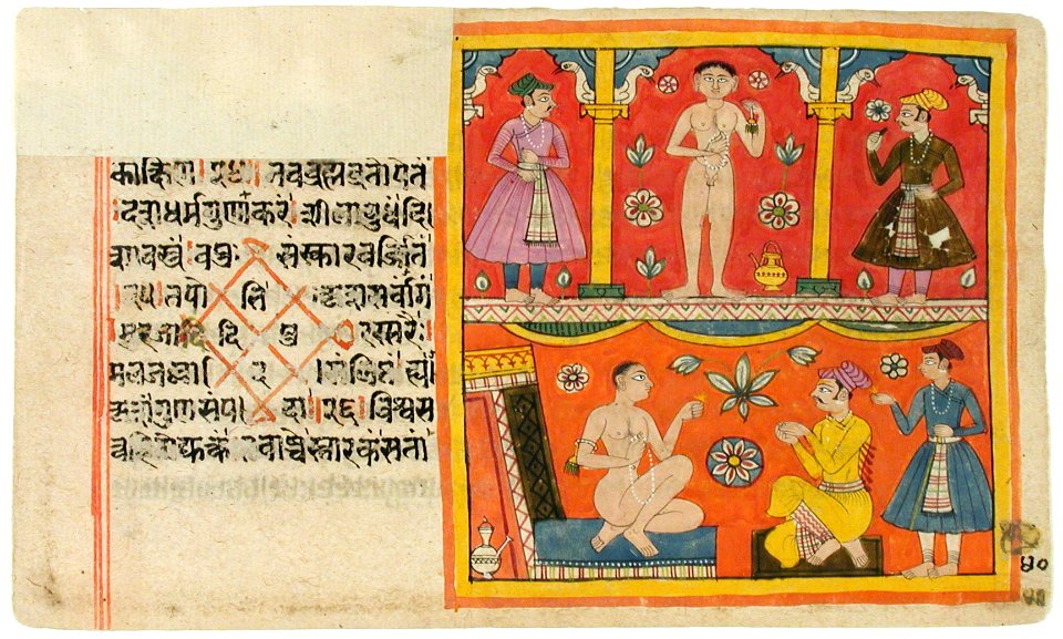 A Jain ascetic and two noblemen, all standing; the Jain ascetic, seated, conver (6125094442)