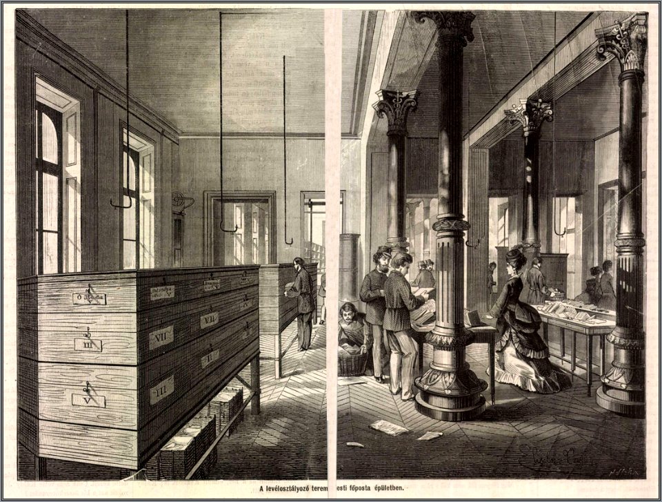 A levélosztályozó terem a budapesti Főposta épületében, Magyarország és a Nagyvilág, 1876