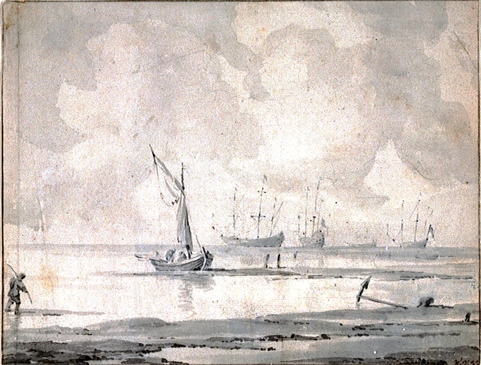 A kaag ashore with ships at anchor in the distance RMG PV5229