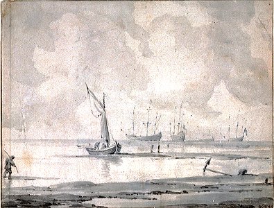 A kaag ashore with ships at anchor in the distance RMG PV5229