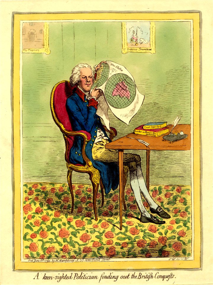 A keen-sighted politician finding out the British conquests. (BM 1868,0808.6439)