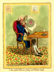 A keen-sighted politician finding out the British conquests. (BM 1868,0808.6439)