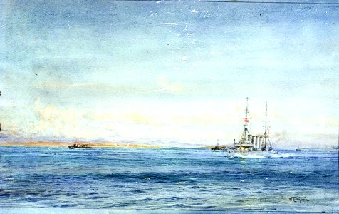 A light cruiser, probably HMS 'Southampton' , and destroyers off a coast RMG PW1439