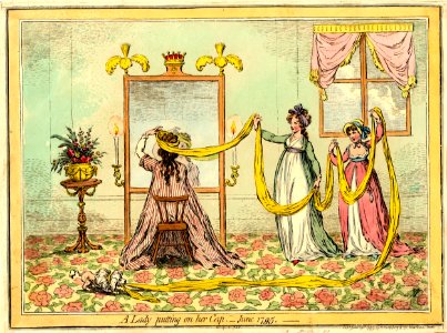 A lady putting on her cap,- June 1795. (BM 1851,0901.748)