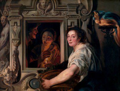 A maidservant with a basket of fruit and two lovers, by Jacob Jordaens (I)