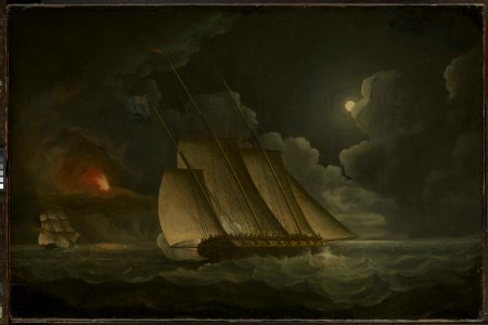 A lugger and a brig in chase by moonlight off a coast RMG BHC1114. Free illustration for personal and commercial use.