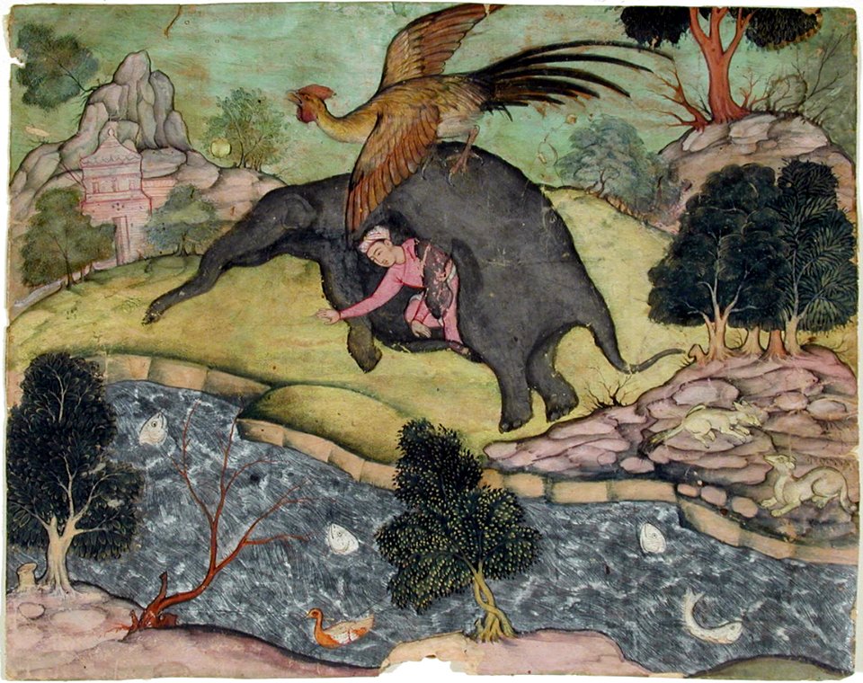 A man hides in an elephant skin and is carried off by a giant simurgh (6125072110)