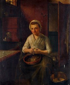 A maid peeling potatoes English 19c. Free illustration for personal and commercial use.