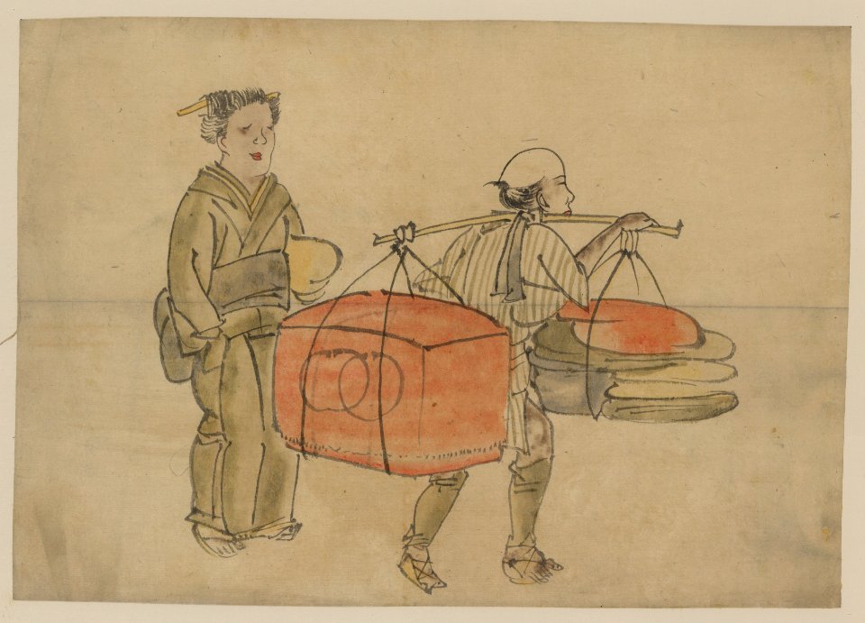A man carrying a shoulder pole with a trunk and bedding for a patron standing on the left LCCN2009630014