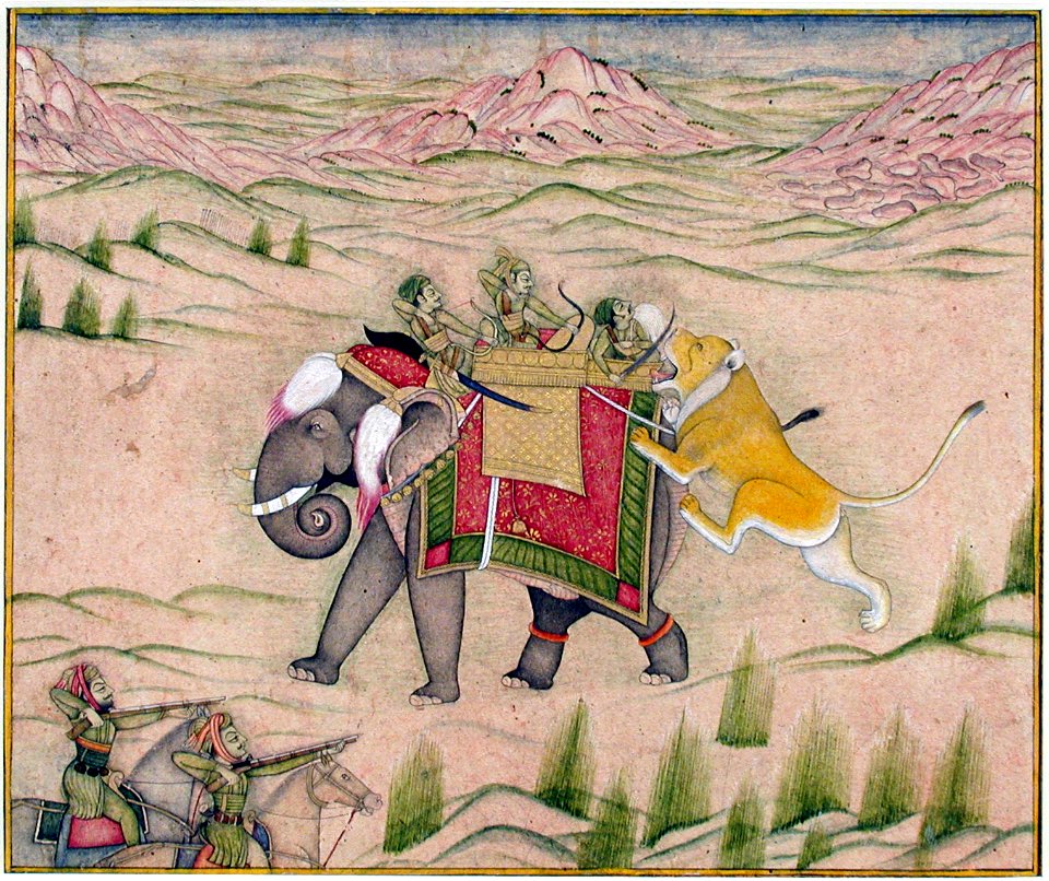 A lion attacks a hunting party atop an elephant (6125105234)