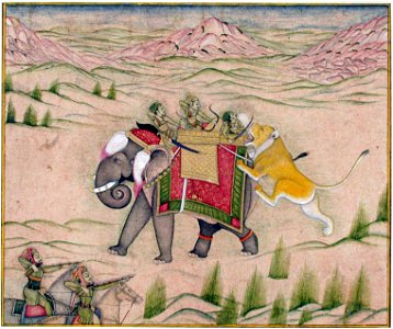 A lion attacks a hunting party atop an elephant (6125105234)