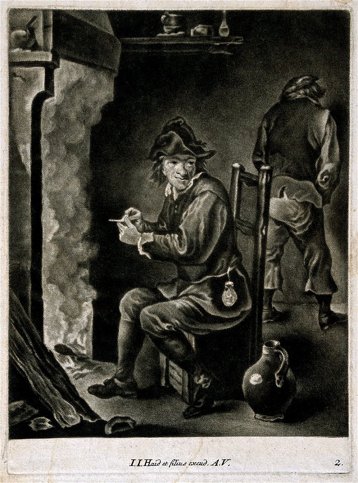 A man sits filling his pipe by the fire, behind a man relieves himself against the wall. Wellcome V0019050