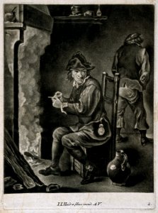 A man sits filling his pipe by the fire, behind a man relieves himself against the wall. Wellcome V0019050