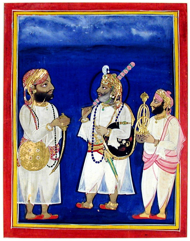 A maharana with two attendants carries sword and hookah (6125098188)
