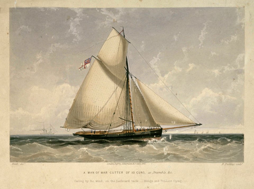 A Man of War Cutter of 10 Guns, as Bramble, &c. Sailing by the wind, on the Larboard tack - Ensign and Pendant flying RMG PU6129