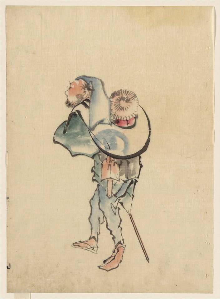 A man walking to the left, with a large hat resting on his back and wearing sandals, holding a short staff possibly used to propell a boat LCCN2009631919