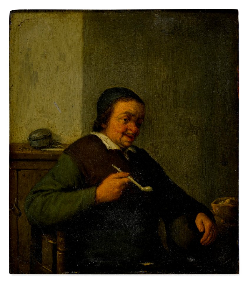 A man smoking in an interior; A woman holding a jug and a cup 7