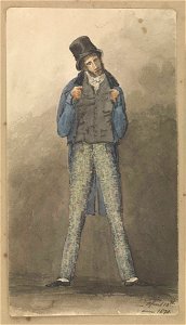 A man standing with legs astride, wearing black hat, blue jacket and tweed trousers RMG PZ4311