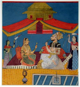 A man smoking a hookah on a terrace, with a woman and two maids (6125107962)