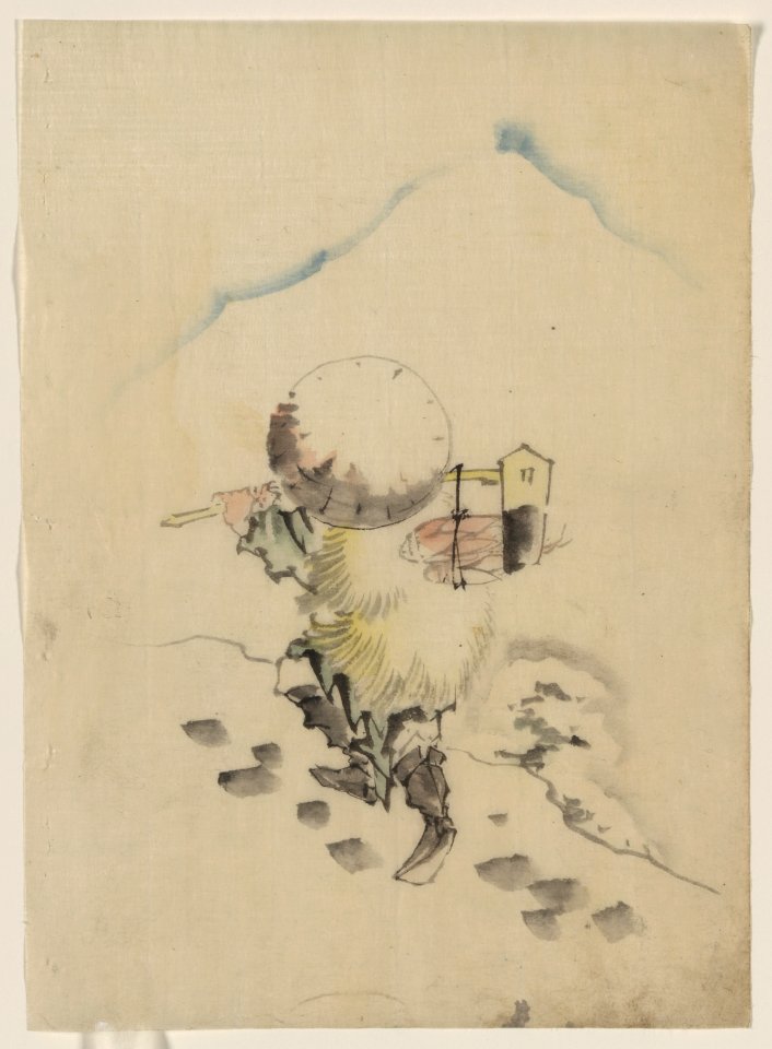 A man, wearing a conical hat, a straw or feather outer garment, and boots, is carrying a long-handled tool, possibly a dipper or mallet, from which fish are hanging LCCN2009631941