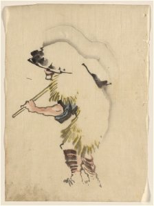 A man walking to the left, wearing a large conical hat and a straw or feather garment, carrying a long handled tool over his right shoulder LCCN2009631934