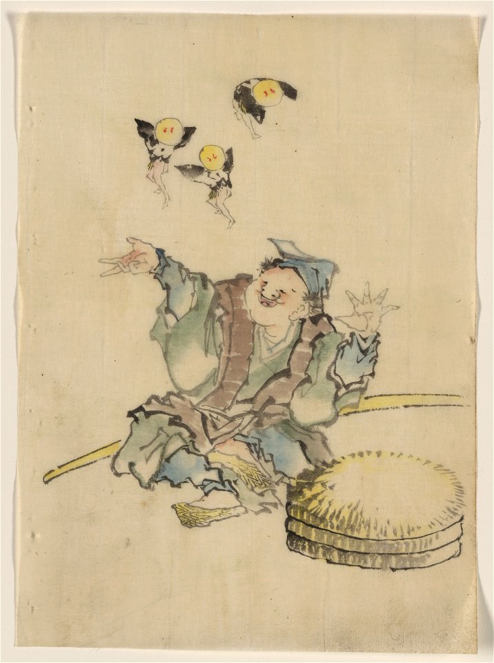 A man, sitting on the ground, is wearing several layers of clothing, a peaked cap, and sandals; three large disks topped with straw are on the ground in front, a long staff behind, and three LCCN2009631939