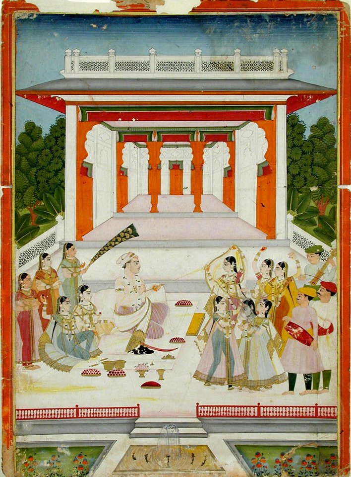 A maharaja playing Holi with women and musicians near a garden pavilion (6125089600)