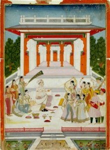 A maharaja playing Holi with women and musicians near a garden pavilion (6125089600)