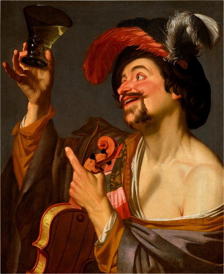 A merry violinist holding a roemer 