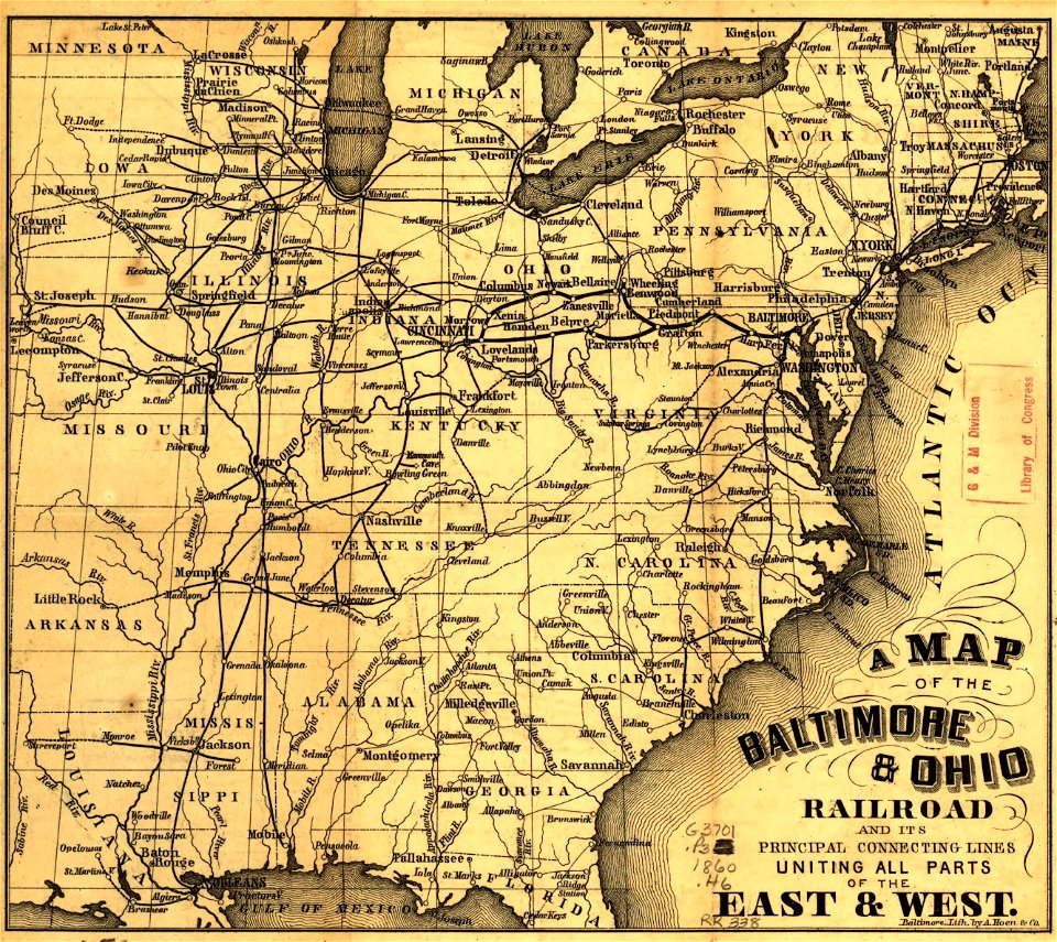 A map of the Baltimore & Ohio Railroad and its principal connecting lines uniting all parts of the East & West. LOC gm70002856