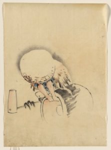 A man, wearing a large conical hat and a straw or feather garment, attempting to turn on end a barrel-like object, possibly a mochi tub; on the ground next to him is long-handled mallet LCCN2009631914