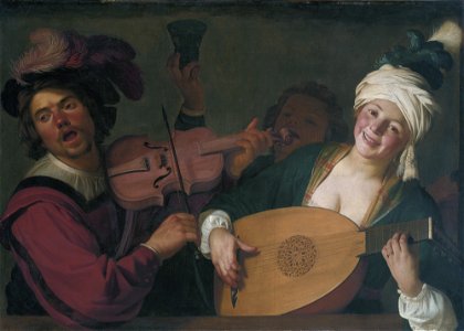 A merry group behind a balustrade with a violin and a lute player, by Gerrit van Honthorst