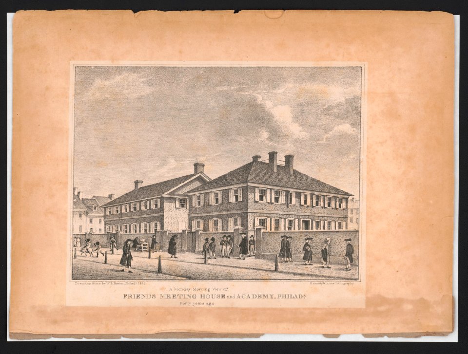A monday morning view of Friends meeting house and academy, Philada. forty years ago - drawn on stone by W.L. Breton, Philada. 1829 ; Kennedy & Lucas' lithography. LCCN2014649028