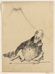 A monk reclining, holding a large conical hat in front of him, with view of Mount Fuji in the background LCCN2009631951