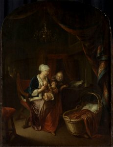 A mother giving her child the breast, Domenicus van Tol, Rijksmuseum. Free illustration for personal and commercial use.