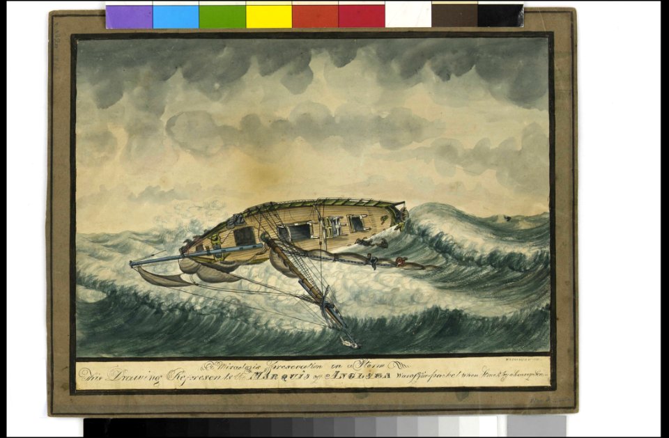 A Miraclous Preservation in a Storm (2). This Drawing Represents the Marquis of Anglsea War Office packet when struck by a heavy sea, ca. 1816 RMG PW7702