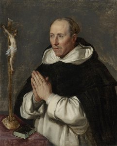 A monk praying, presumably Saint Thomas Aquinas (by Circle of Peter Paul Rubens). Free illustration for personal and commercial use.