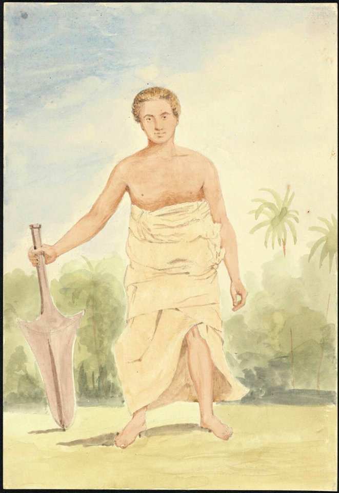 A native of Tongatabu warrior, 1854, watercolour by James Gay Sawkins