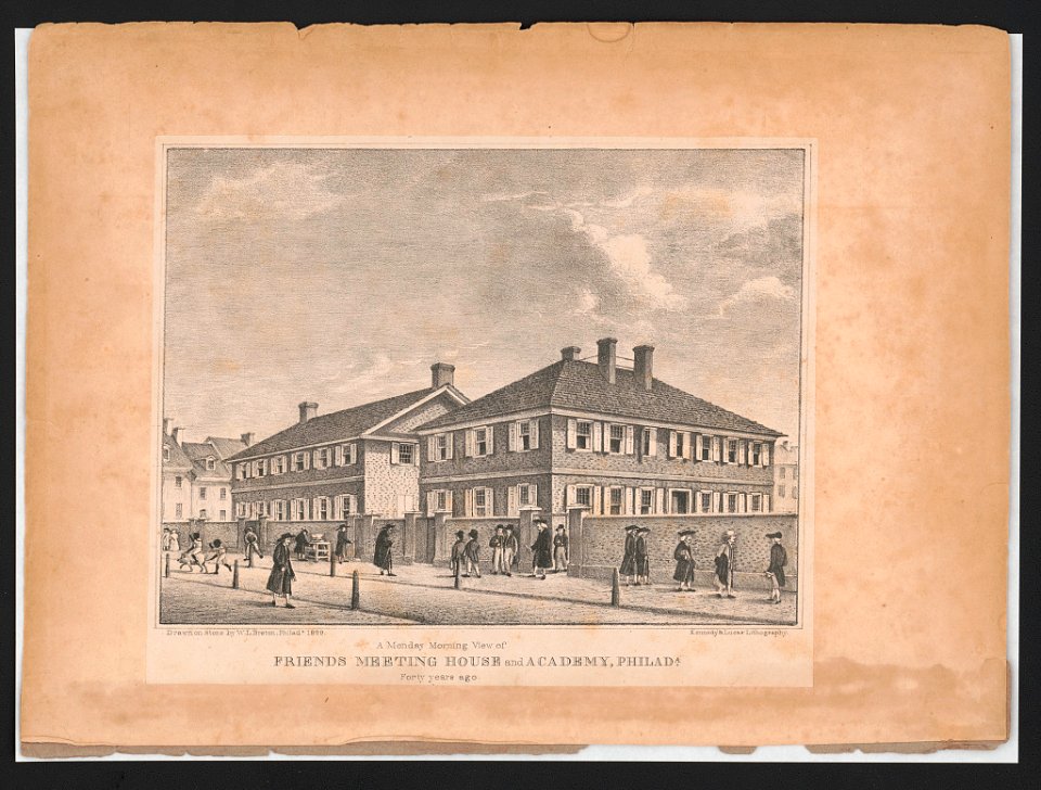 A monday morning view of Friends meeting house and academy, Philada. forty years ago - drawn on stone by W.L. Breton, Philada. 1829 ; Kennedy & Lucas' lithography. LCCN2014649028