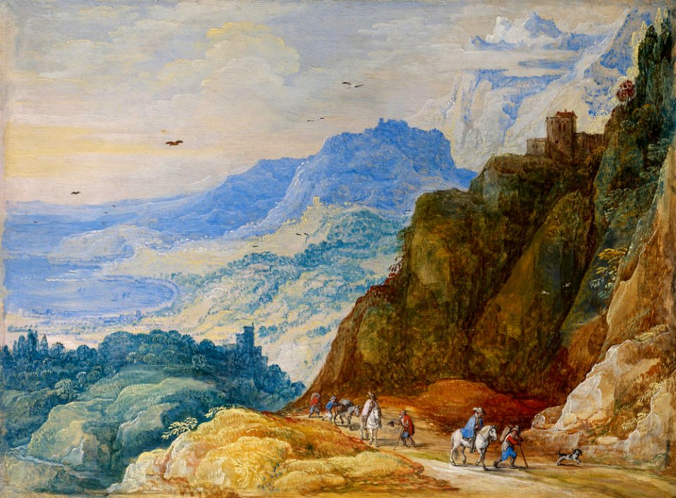 A mountainous landscape with travelers on a path by Joos de Momper (II) & Jan Brueghel (I)