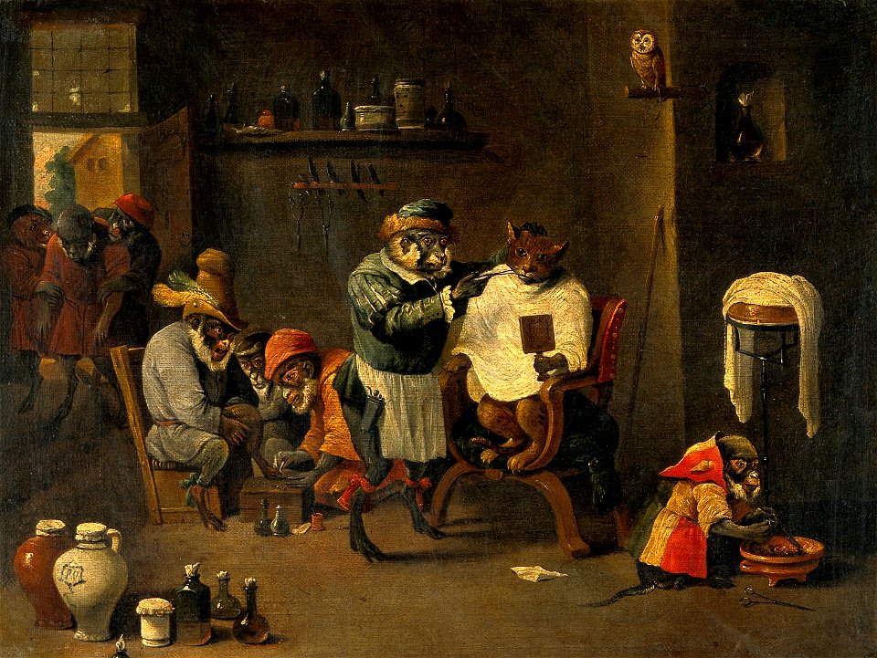 A monkey barber-surgeon's establishment. Oil painting after Wellcome V0017621