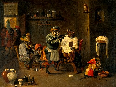 A monkey barber-surgeon's establishment. Oil painting after Wellcome V0017621