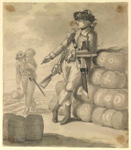 A military figure leaning on a pile of bales, with a seaman carrying kegs in the background (Bray album) RMG PT1976