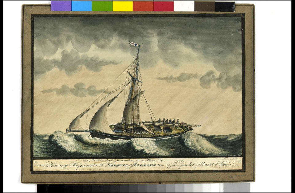 A Miraclous Preservation in a Storm (1). This Drawing Represents the Marquis of Anglsea War Office packet of Bristol J Brown Comdr, ca.1816 RMG PW7701