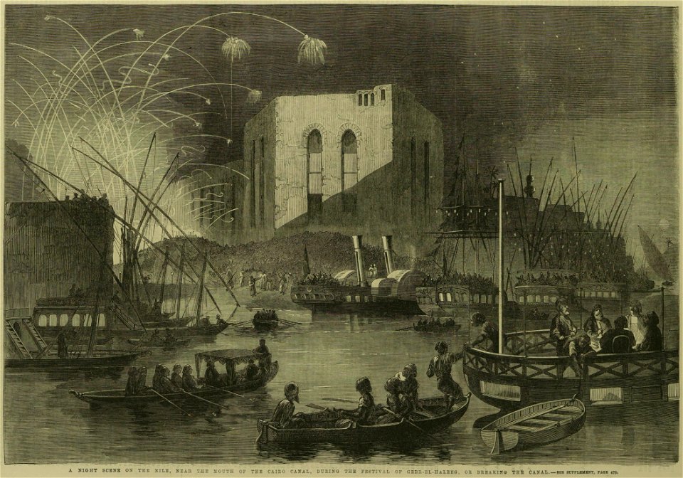A Night Scene on the Nile, near the Mouth of the Cairo Canal, during the Festival of Gebr-El-Haleeg, or breaking the Canal - ILN 1862