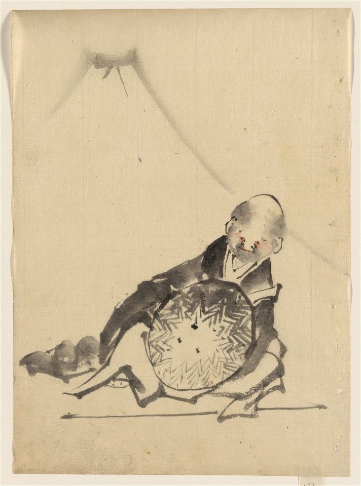 A monk reclining, holding a large conical hat in front of him, with view of Mount Fuji in the background LCCN2009631951