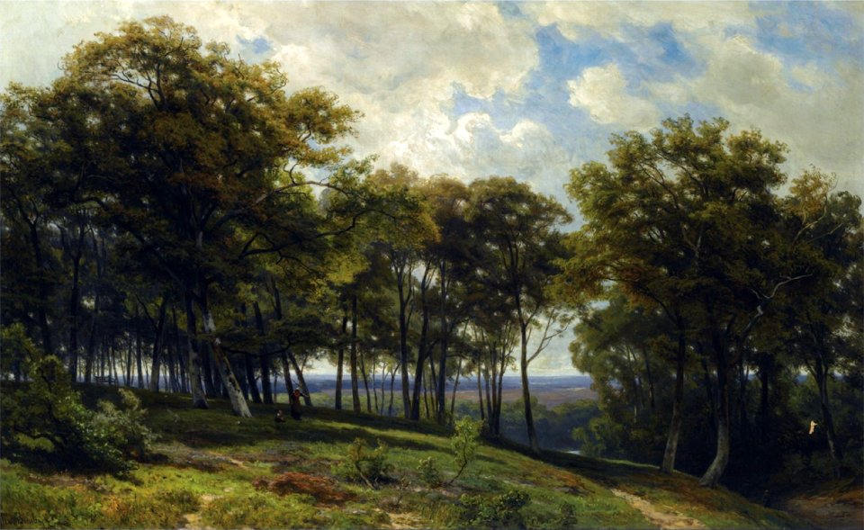 A mother and child in a forest landscape by Jan Willem van Borselen (1825-1892)